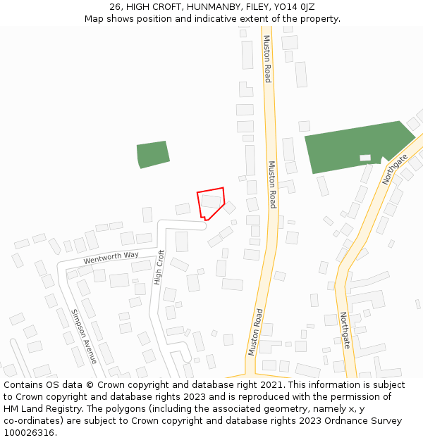 26, HIGH CROFT, HUNMANBY, FILEY, YO14 0JZ: Location map and indicative extent of plot