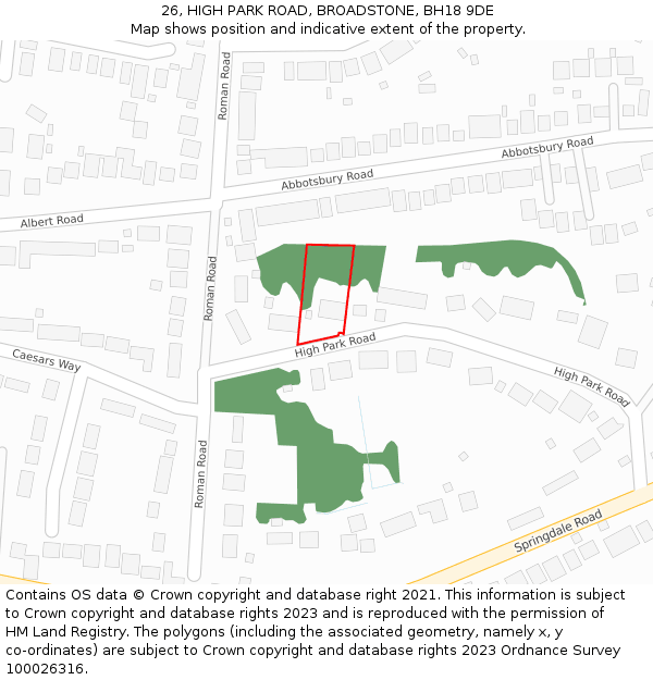 26, HIGH PARK ROAD, BROADSTONE, BH18 9DE: Location map and indicative extent of plot