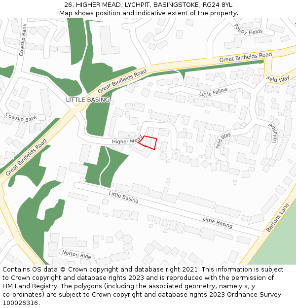 26, HIGHER MEAD, LYCHPIT, BASINGSTOKE, RG24 8YL: Location map and indicative extent of plot