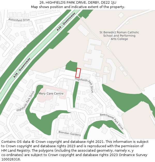 26, HIGHFIELDS PARK DRIVE, DERBY, DE22 1JU: Location map and indicative extent of plot