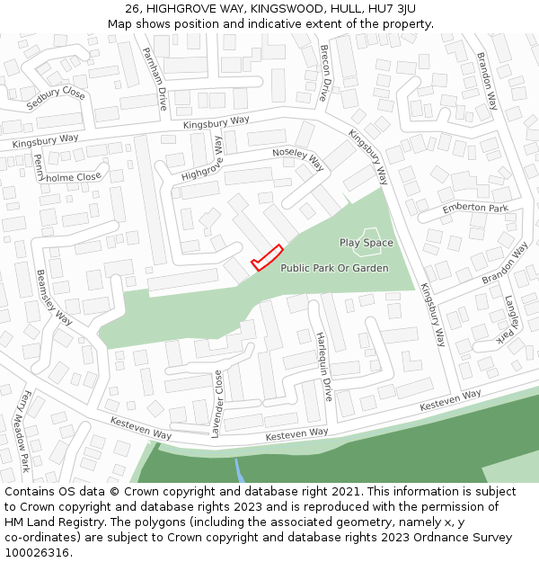 26, HIGHGROVE WAY, KINGSWOOD, HULL, HU7 3JU: Location map and indicative extent of plot