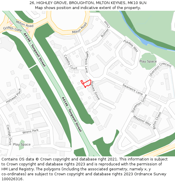 26, HIGHLEY GROVE, BROUGHTON, MILTON KEYNES, MK10 9LN: Location map and indicative extent of plot