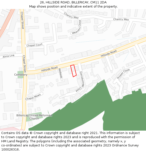 26, HILLSIDE ROAD, BILLERICAY, CM11 2DA: Location map and indicative extent of plot