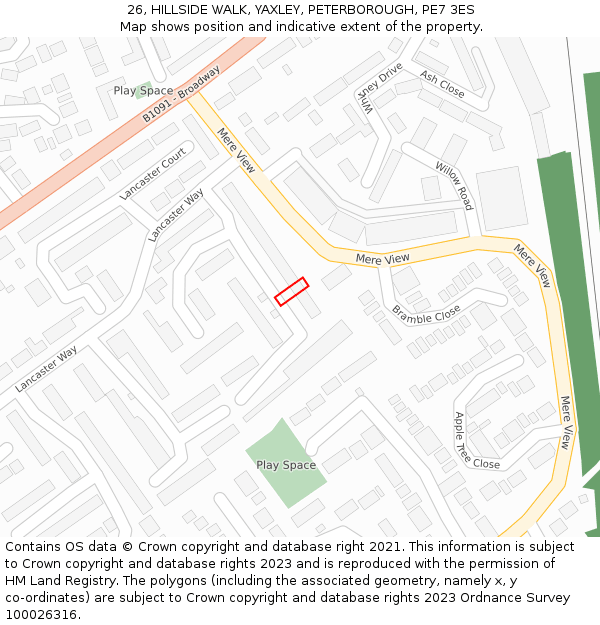 26, HILLSIDE WALK, YAXLEY, PETERBOROUGH, PE7 3ES: Location map and indicative extent of plot