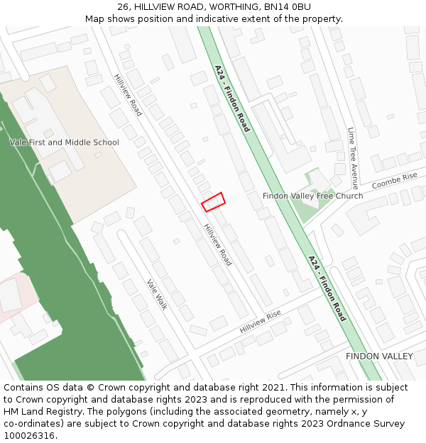 26, HILLVIEW ROAD, WORTHING, BN14 0BU: Location map and indicative extent of plot