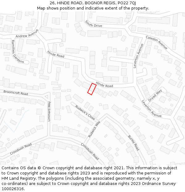 26, HINDE ROAD, BOGNOR REGIS, PO22 7QJ: Location map and indicative extent of plot