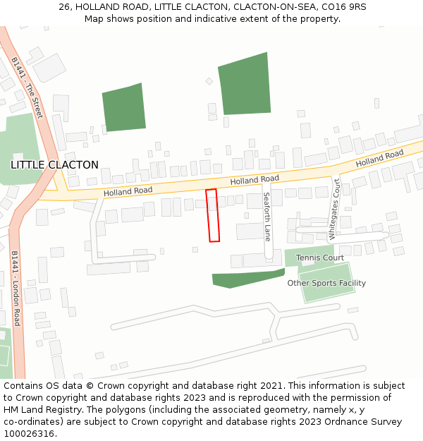 26, HOLLAND ROAD, LITTLE CLACTON, CLACTON-ON-SEA, CO16 9RS: Location map and indicative extent of plot