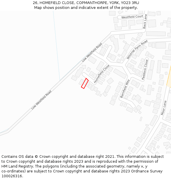 26, HOMEFIELD CLOSE, COPMANTHORPE, YORK, YO23 3RU: Location map and indicative extent of plot