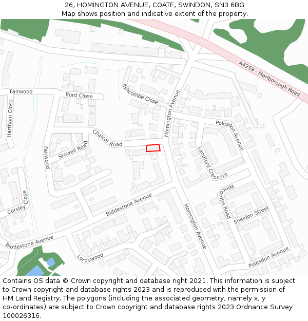 26, HOMINGTON AVENUE, COATE, SWINDON, SN3 6BG: Location map and indicative extent of plot