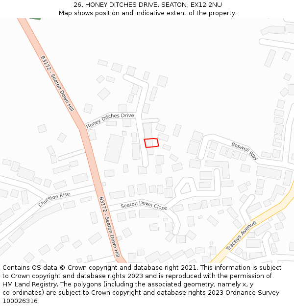 26, HONEY DITCHES DRIVE, SEATON, EX12 2NU: Location map and indicative extent of plot