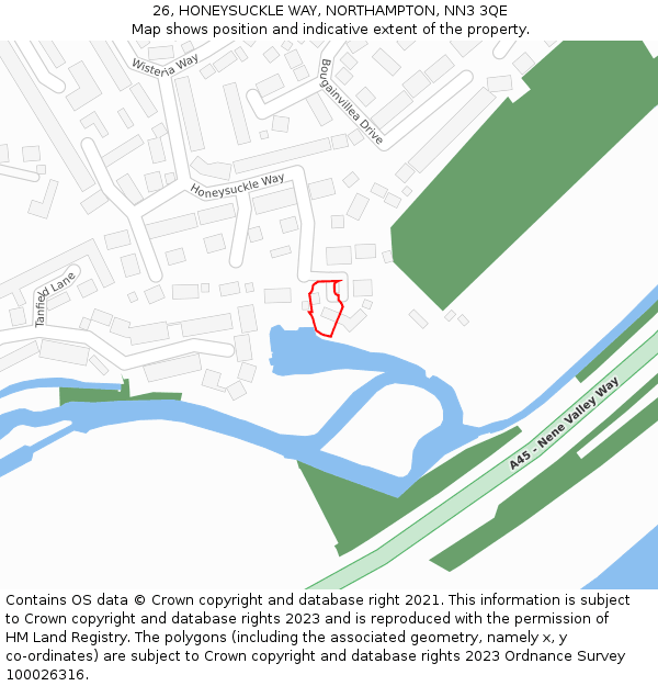 26, HONEYSUCKLE WAY, NORTHAMPTON, NN3 3QE: Location map and indicative extent of plot