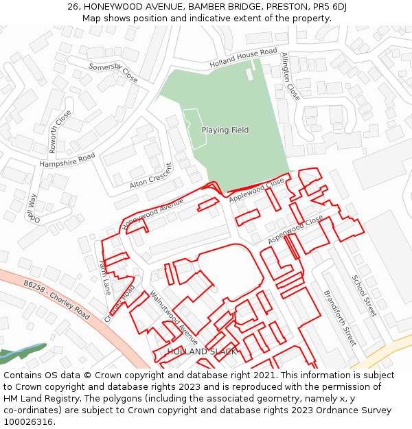 26, HONEYWOOD AVENUE, BAMBER BRIDGE, PRESTON, PR5 6DJ: Location map and indicative extent of plot