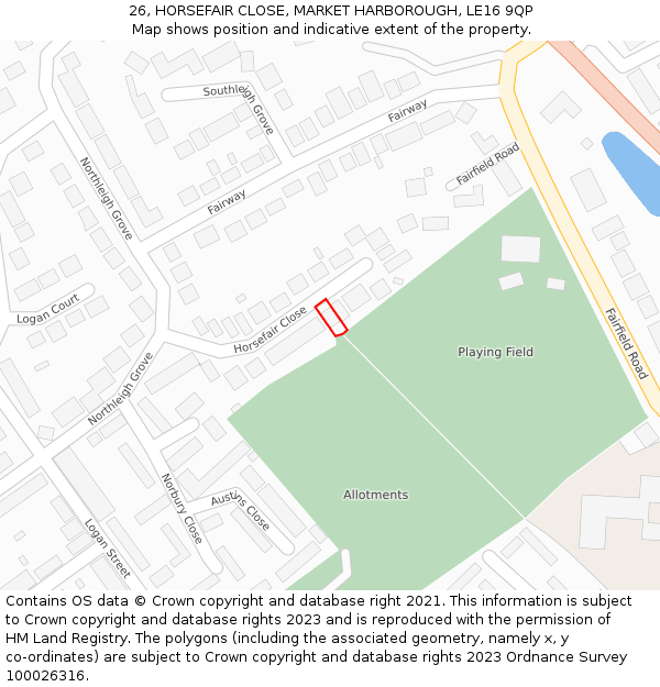 26, HORSEFAIR CLOSE, MARKET HARBOROUGH, LE16 9QP: Location map and indicative extent of plot