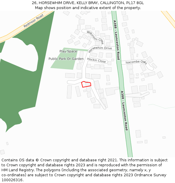 26, HORSEWHIM DRIVE, KELLY BRAY, CALLINGTON, PL17 8GL: Location map and indicative extent of plot