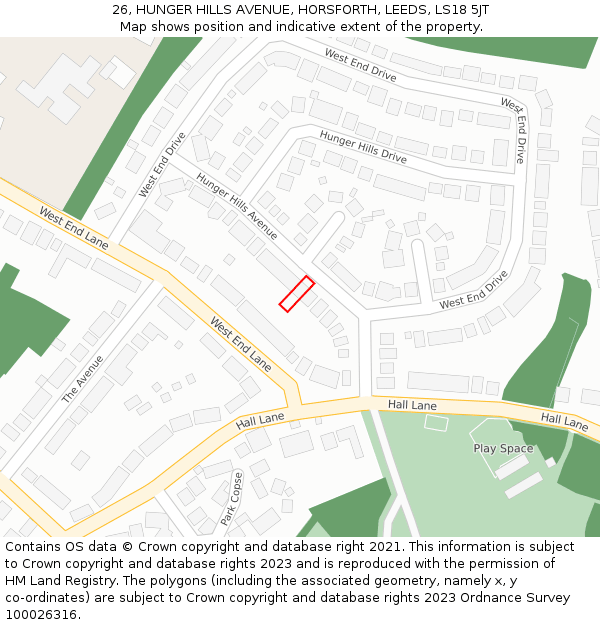 26, HUNGER HILLS AVENUE, HORSFORTH, LEEDS, LS18 5JT: Location map and indicative extent of plot