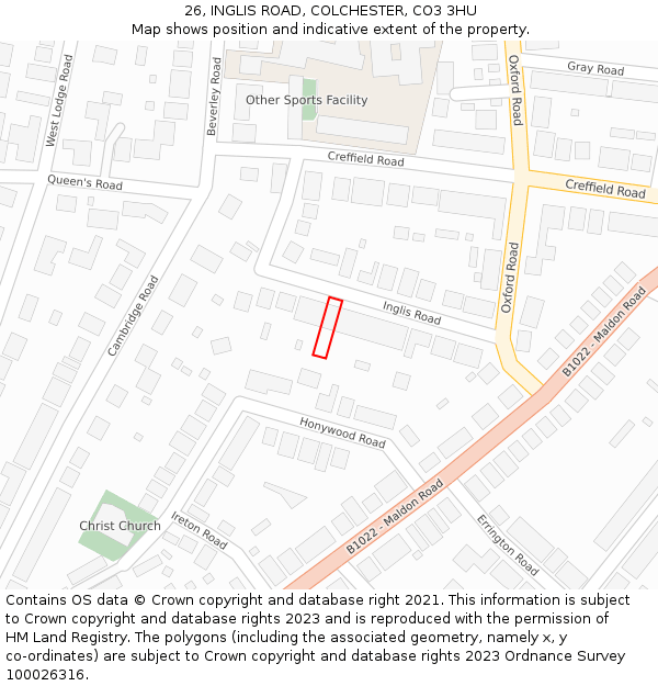 26, INGLIS ROAD, COLCHESTER, CO3 3HU: Location map and indicative extent of plot