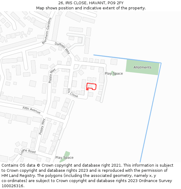 26, IRIS CLOSE, HAVANT, PO9 2FY: Location map and indicative extent of plot