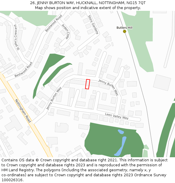 26, JENNY BURTON WAY, HUCKNALL, NOTTINGHAM, NG15 7QT: Location map and indicative extent of plot