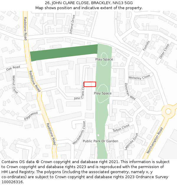 26, JOHN CLARE CLOSE, BRACKLEY, NN13 5GG: Location map and indicative extent of plot