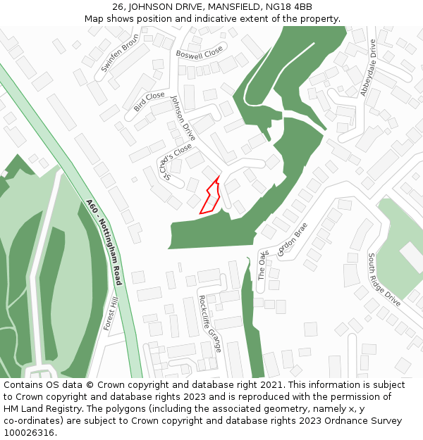 26, JOHNSON DRIVE, MANSFIELD, NG18 4BB: Location map and indicative extent of plot