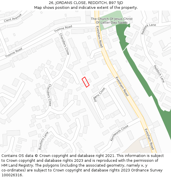 26, JORDANS CLOSE, REDDITCH, B97 5JD: Location map and indicative extent of plot