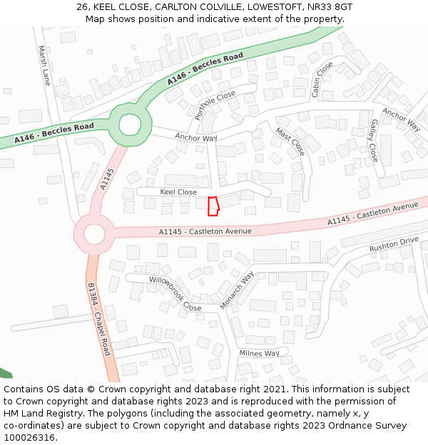 26, KEEL CLOSE, CARLTON COLVILLE, LOWESTOFT, NR33 8GT: Location map and indicative extent of plot