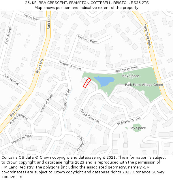 26, KELBRA CRESCENT, FRAMPTON COTTERELL, BRISTOL, BS36 2TS: Location map and indicative extent of plot