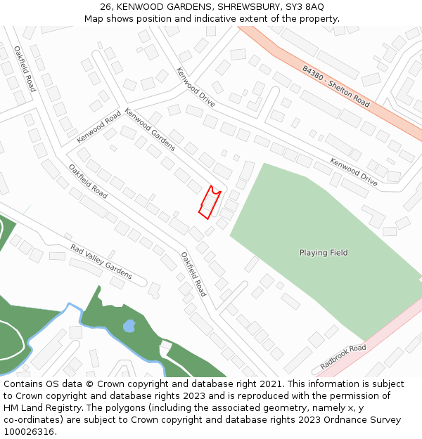 26, KENWOOD GARDENS, SHREWSBURY, SY3 8AQ: Location map and indicative extent of plot