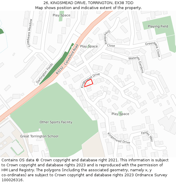 26, KINGSMEAD DRIVE, TORRINGTON, EX38 7DD: Location map and indicative extent of plot