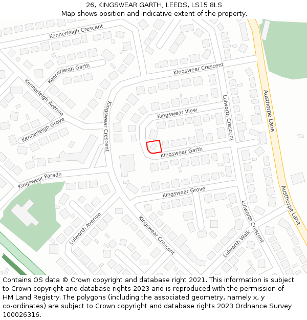 26, KINGSWEAR GARTH, LEEDS, LS15 8LS: Location map and indicative extent of plot