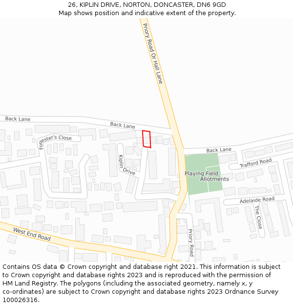 26, KIPLIN DRIVE, NORTON, DONCASTER, DN6 9GD: Location map and indicative extent of plot