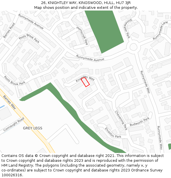 26, KNIGHTLEY WAY, KINGSWOOD, HULL, HU7 3JR: Location map and indicative extent of plot