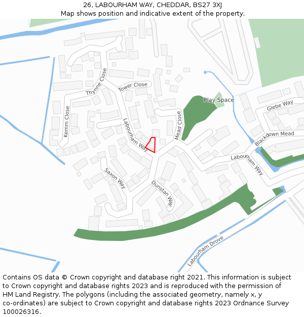 26, LABOURHAM WAY, CHEDDAR, BS27 3XJ: Location map and indicative extent of plot