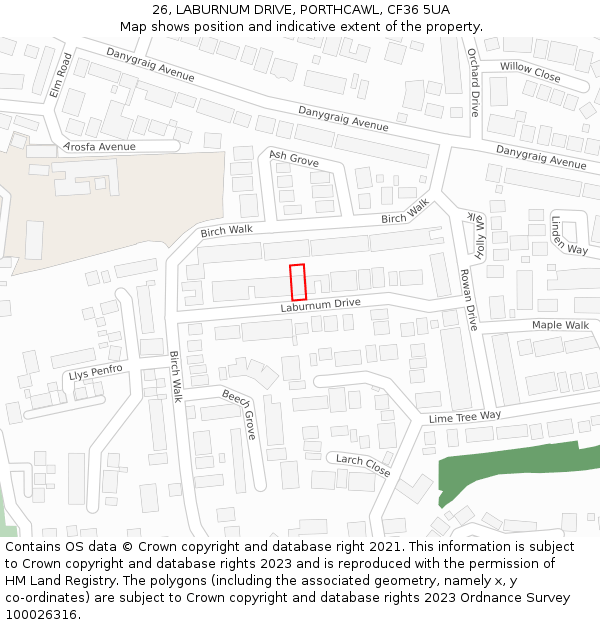 26, LABURNUM DRIVE, PORTHCAWL, CF36 5UA: Location map and indicative extent of plot