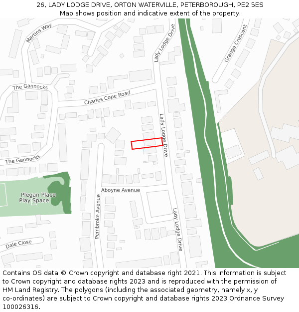 26, LADY LODGE DRIVE, ORTON WATERVILLE, PETERBOROUGH, PE2 5ES: Location map and indicative extent of plot