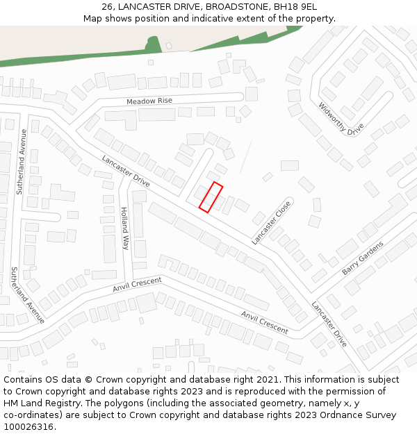 26, LANCASTER DRIVE, BROADSTONE, BH18 9EL: Location map and indicative extent of plot