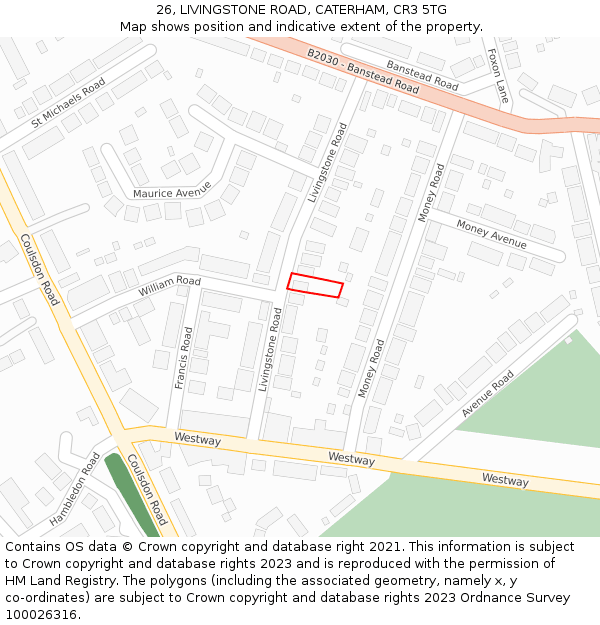 26, LIVINGSTONE ROAD, CATERHAM, CR3 5TG: Location map and indicative extent of plot