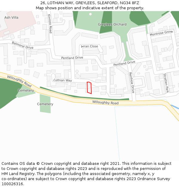 26, LOTHIAN WAY, GREYLEES, SLEAFORD, NG34 8FZ: Location map and indicative extent of plot