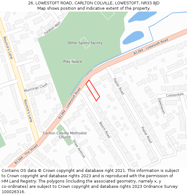 26, LOWESTOFT ROAD, CARLTON COLVILLE, LOWESTOFT, NR33 8JD: Location map and indicative extent of plot