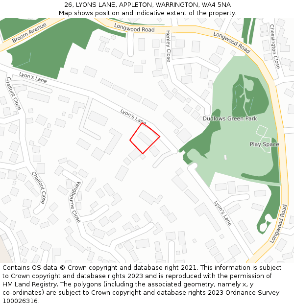 26, LYONS LANE, APPLETON, WARRINGTON, WA4 5NA: Location map and indicative extent of plot