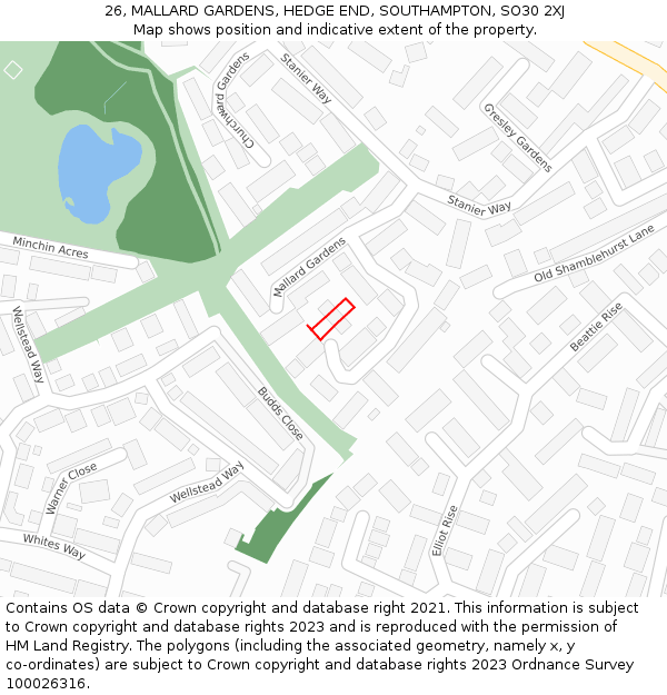 26, MALLARD GARDENS, HEDGE END, SOUTHAMPTON, SO30 2XJ: Location map and indicative extent of plot