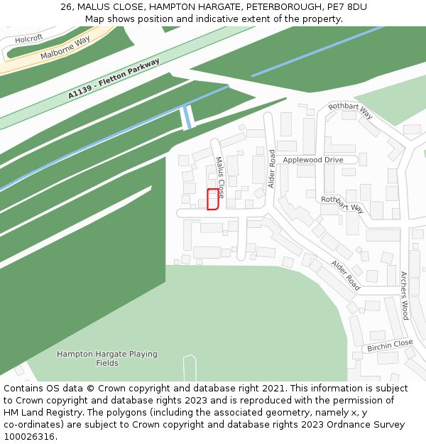 26, MALUS CLOSE, HAMPTON HARGATE, PETERBOROUGH, PE7 8DU: Location map and indicative extent of plot