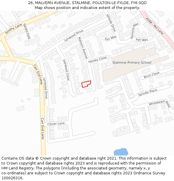 26, MALVERN AVENUE, STALMINE, POULTON-LE-FYLDE, FY6 0QD: Location map and indicative extent of plot