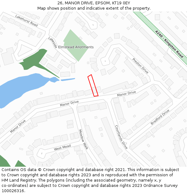 26, MANOR DRIVE, EPSOM, KT19 0EY: Location map and indicative extent of plot