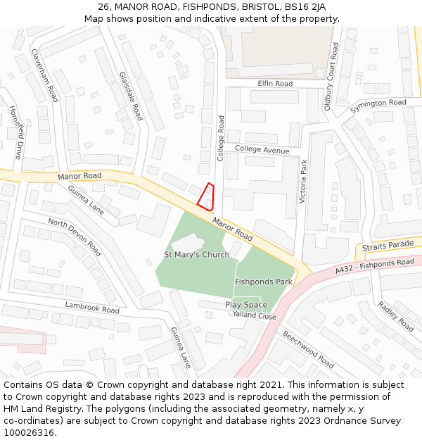 26, MANOR ROAD, FISHPONDS, BRISTOL, BS16 2JA: Location map and indicative extent of plot