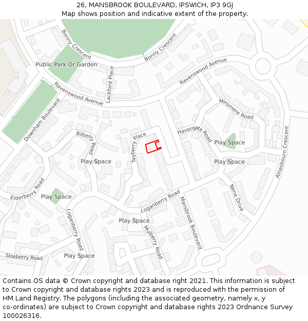 26, MANSBROOK BOULEVARD, IPSWICH, IP3 9GJ: Location map and indicative extent of plot