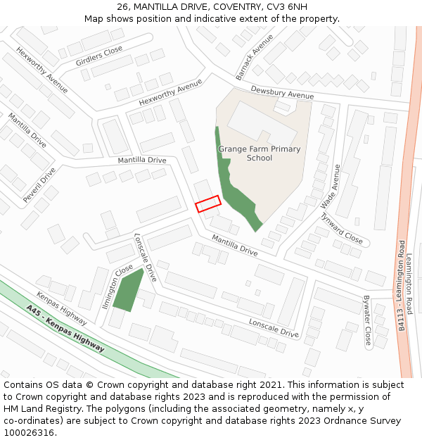 26, MANTILLA DRIVE, COVENTRY, CV3 6NH: Location map and indicative extent of plot