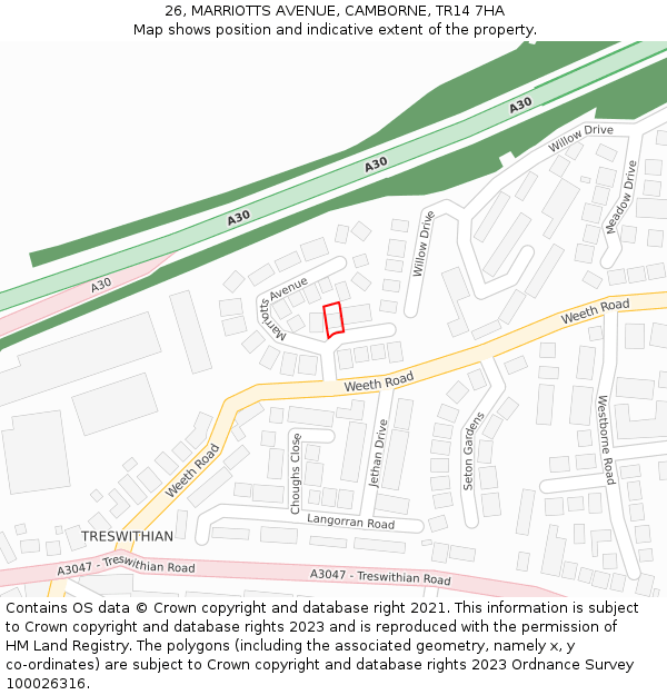 26, MARRIOTTS AVENUE, CAMBORNE, TR14 7HA: Location map and indicative extent of plot