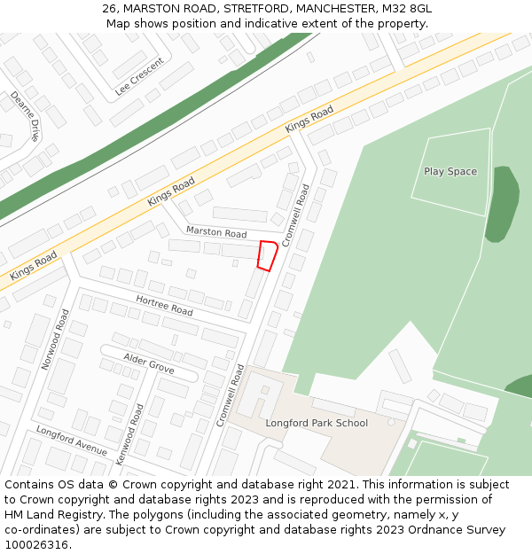 26, MARSTON ROAD, STRETFORD, MANCHESTER, M32 8GL: Location map and indicative extent of plot