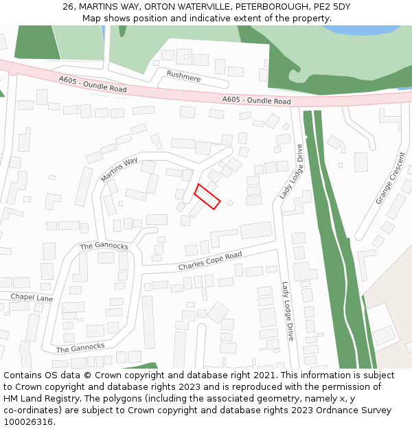 26, MARTINS WAY, ORTON WATERVILLE, PETERBOROUGH, PE2 5DY: Location map and indicative extent of plot